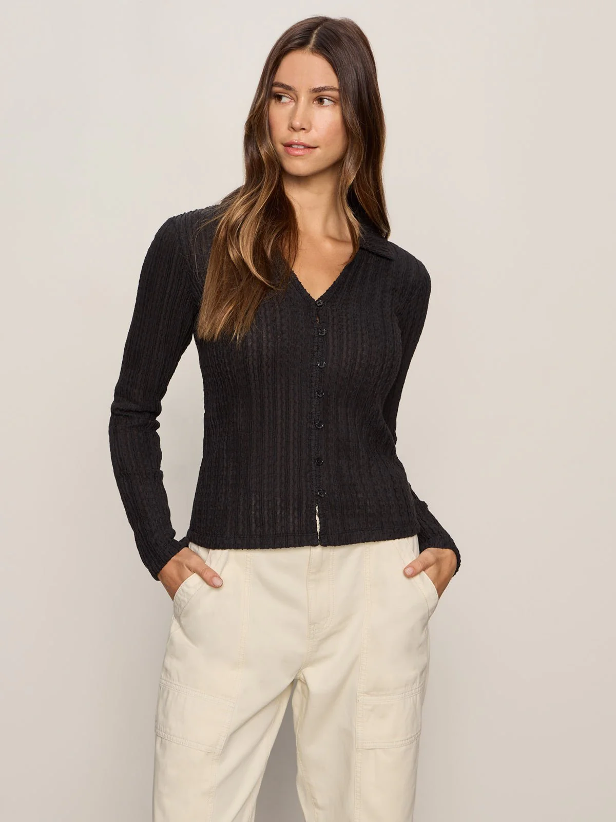 Button Down Textured Top Black
