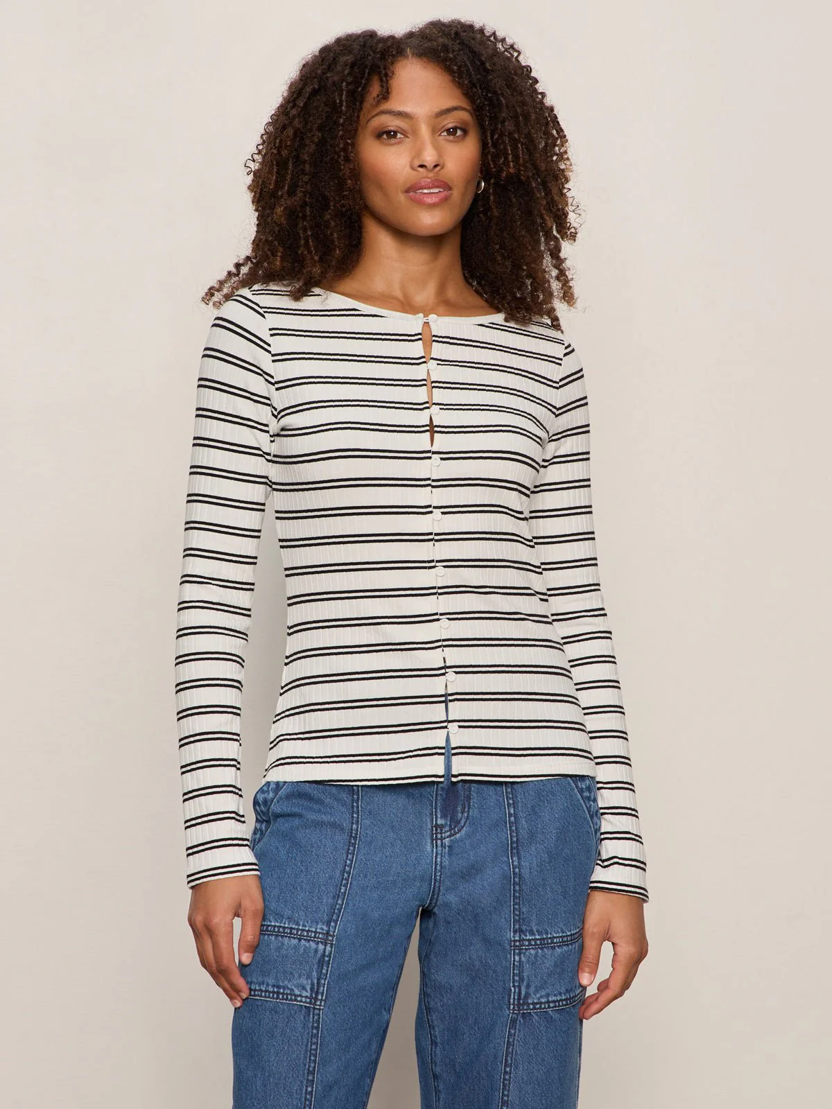 Button Front Ribbed Top Chalk / Black Stripe - Image 2