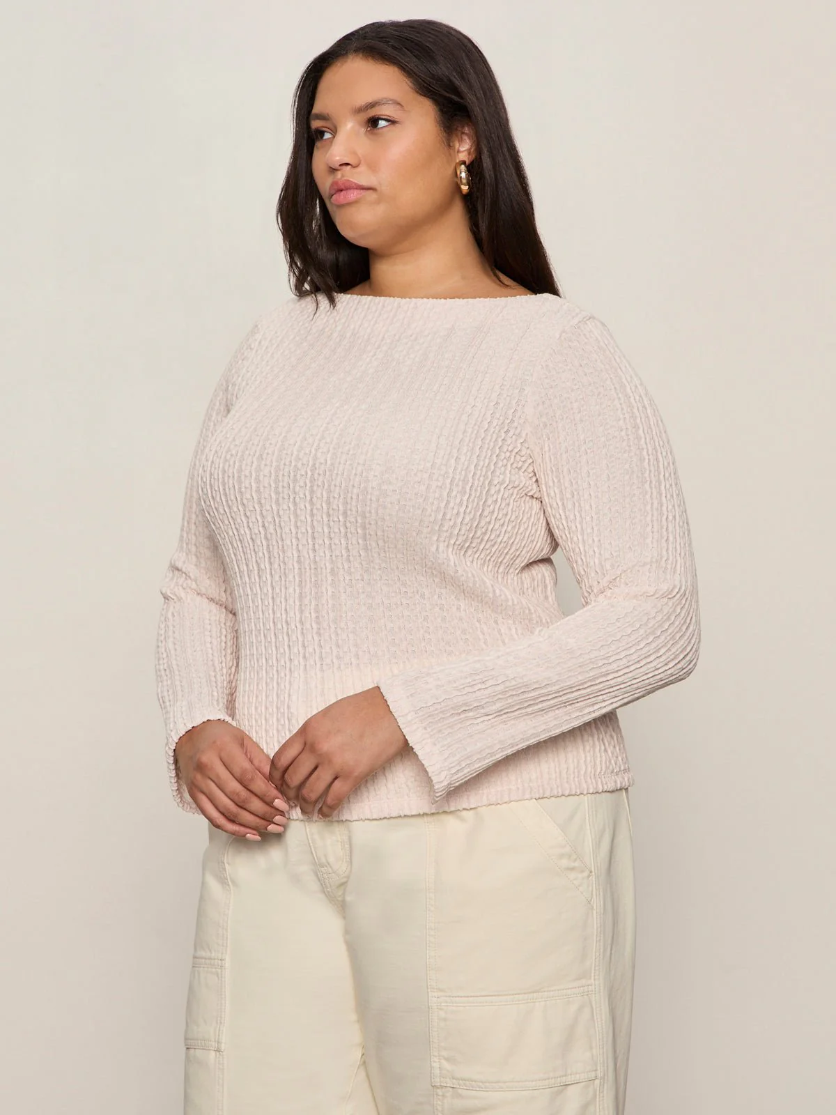 Long Sleeve Boatneck Textured Top Pink Milk Extended Sizing