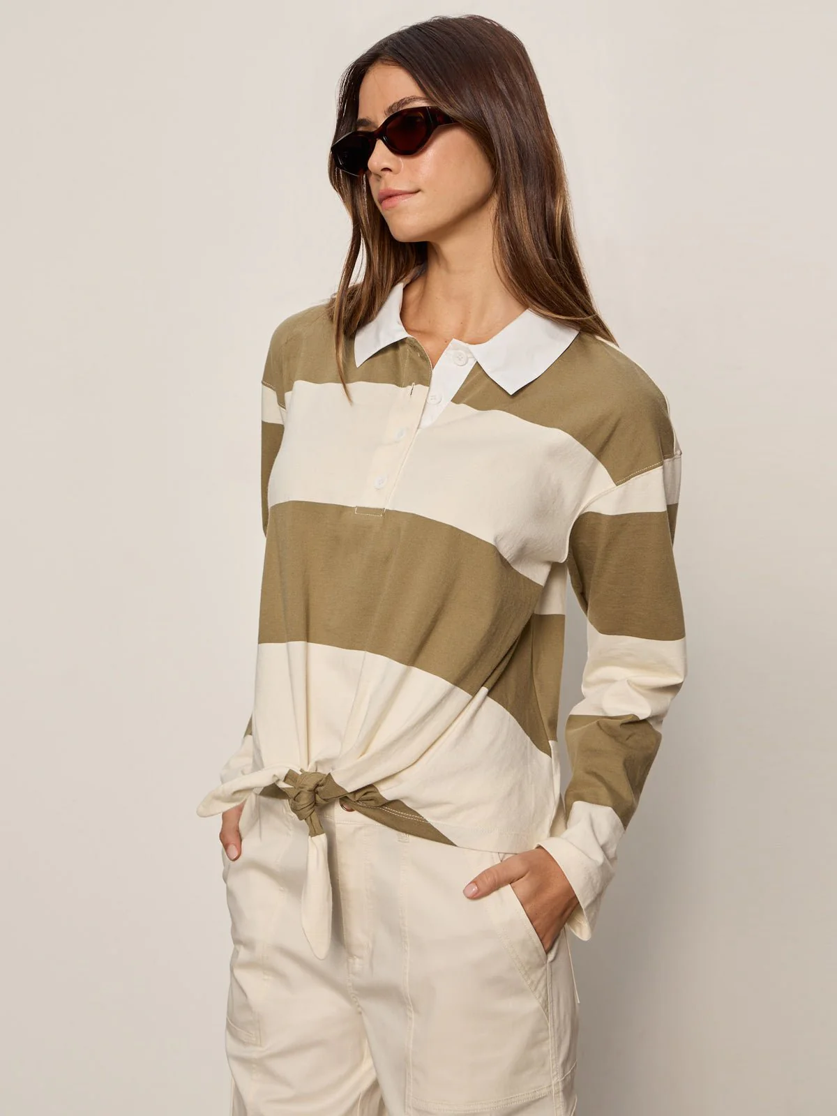 Rugby Tie Front Tee Covert Green / Collagen Stripe - Image 2