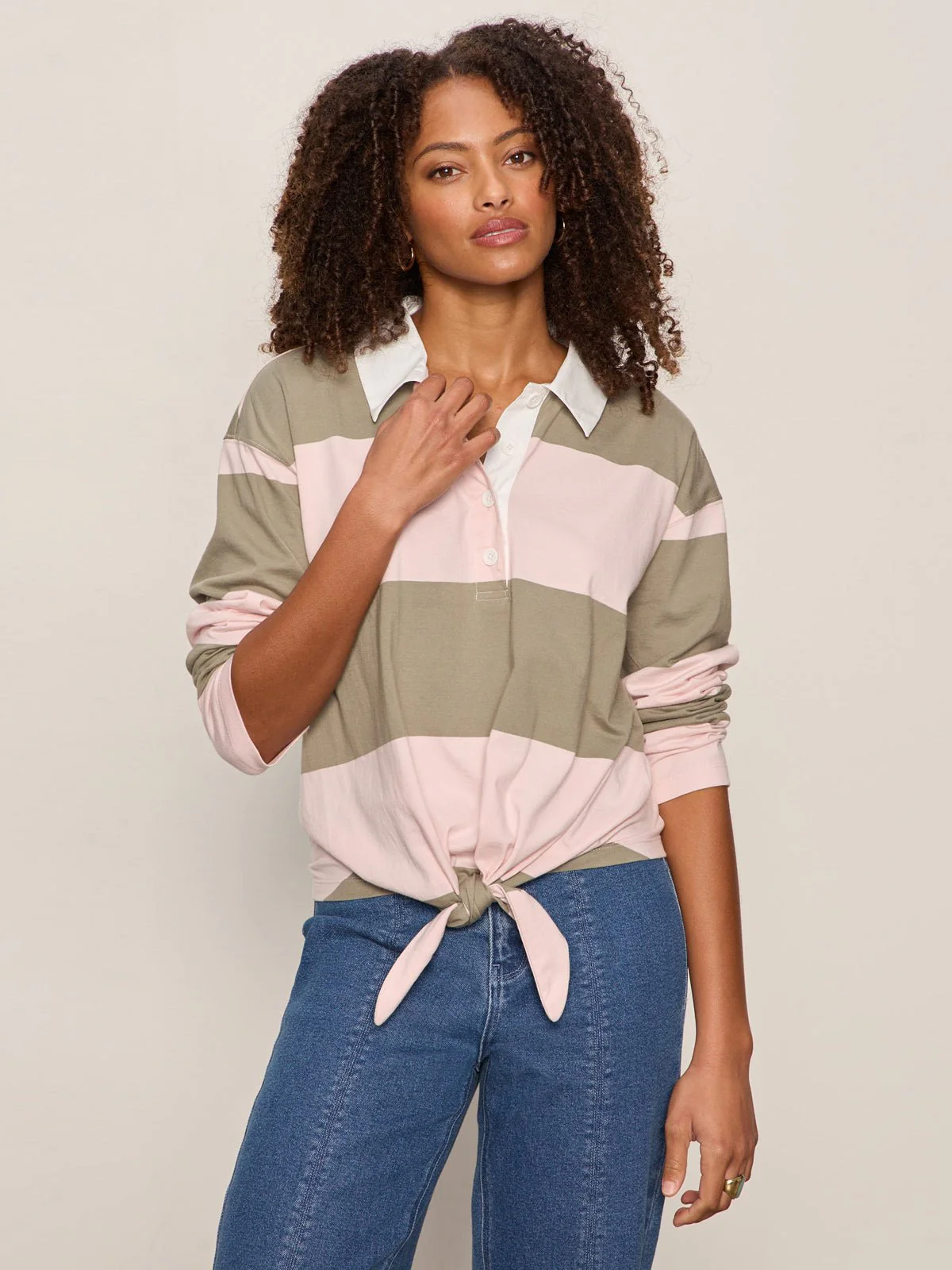 Rugby Tie Front Tee Oxygen Pink / Olive Tree Stripe - Image 2