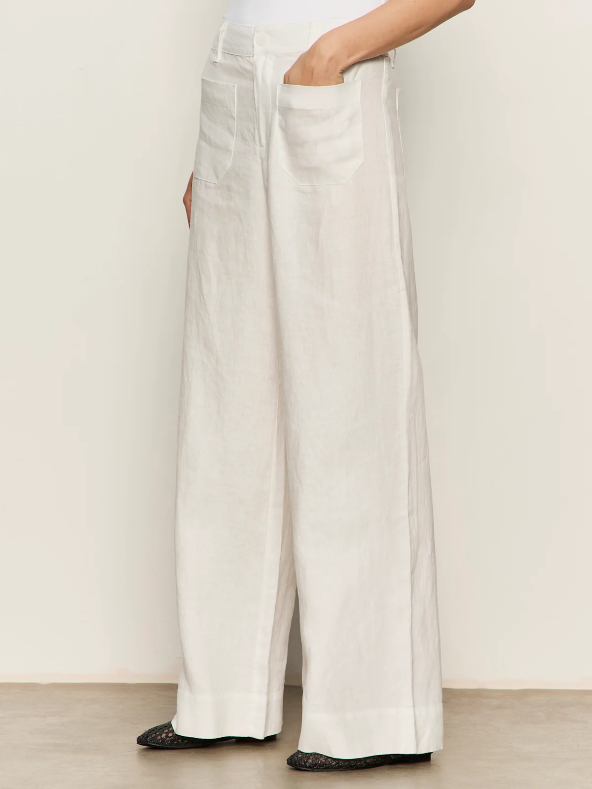 The Linen Marine Wide Leg Semi-High Rise Pant White - Image 3