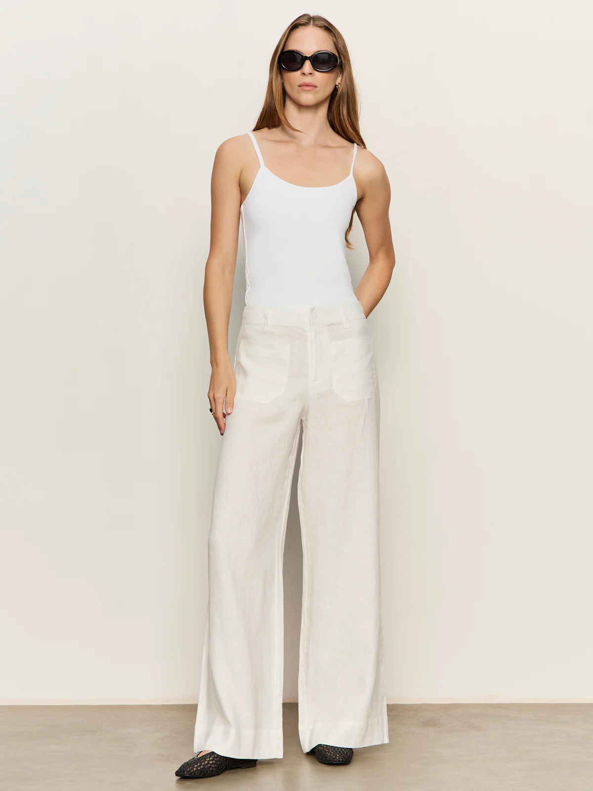 The Linen Marine Wide Leg Semi-High Rise Pant White - Image 5