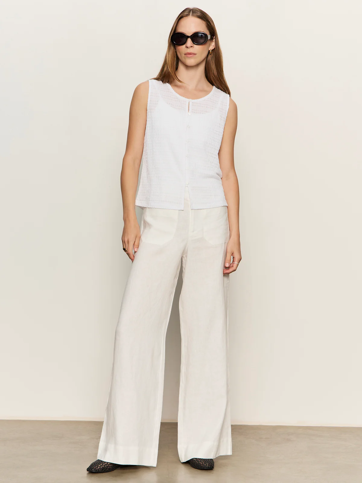 The Linen Marine Wide Leg Semi-High Rise Pant White - Image 6